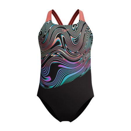 Speedo Meisjesbadpak Digital Placement Powerback Zwart & Neon Coral